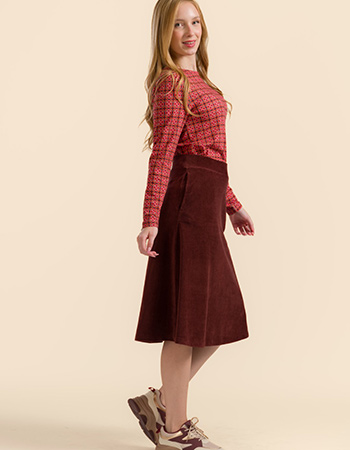 Chocoladebruine Lalamour Holly rok in ribstof met A-lijn pasvorm, duurzame mode