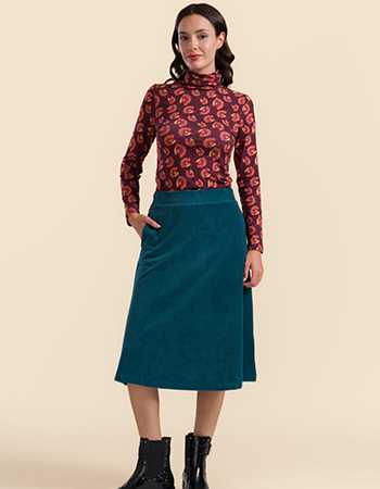 Lalamour Holly rok ribvelours in petrol met comfortabele tailleband, duurzame mo