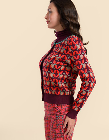 Plumkleurige Lalamour cardigan met grafisch retro dessin en groene halslijn, duu