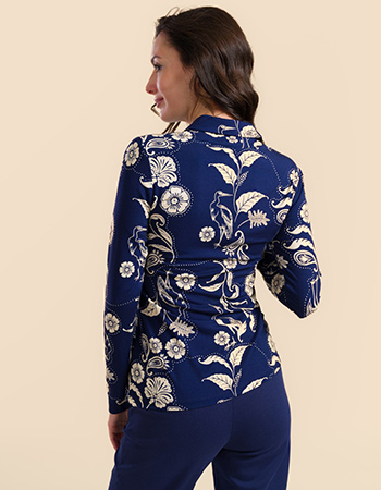Blauwe Lalamour Sill blouse met lange mouwen en paisley vogel dessin, duurzame m