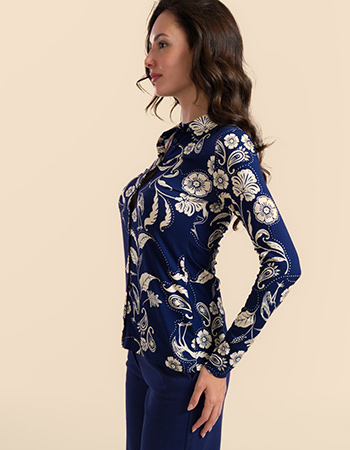 Lalamour blouse Sill in blauw met bloemen en vogels, vegan mode