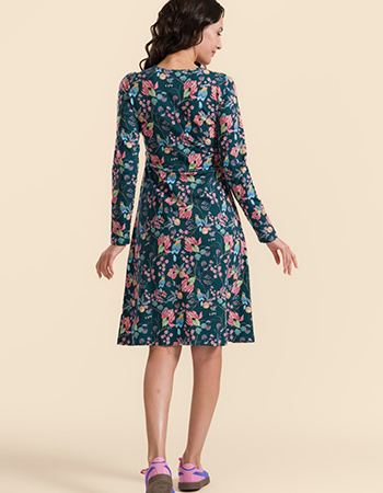 Lalamour Chrissy Cross jurk met lange mouwen en kleurrijke Birdy print, duurzame