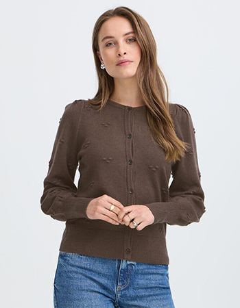 Chocoladebruine cardigan B.Young met textuur, duurzame mode watMooi