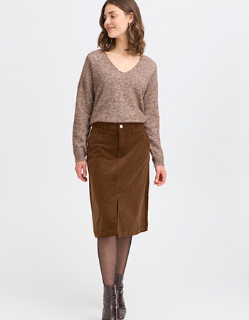 titelBruine ribrok van Fransa, stijlvol en comfortabel met een elegante A-lijn p