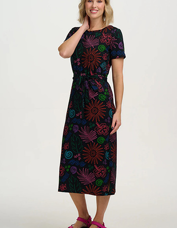 Zwarte midi jurk met kleurrijke print van biologisch katoen