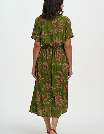 uurzame zomerjurk met knoopsluiting en taille ceintuur