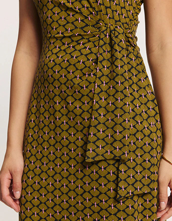 Aangesloten damesjurk met knielengte en comfortabele stretch.