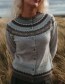 Model draagt de ERIBÉ Alpine Fair Isle cardigan van merino lamswol en angora in 